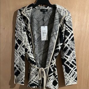 NWT St. John Black & Ivory Geometric Belted Cardigan